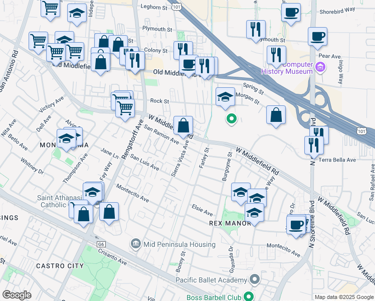 map of restaurants, bars, coffee shops, grocery stores, and more near 465 Sierra Vista Avenue in Mountain View
