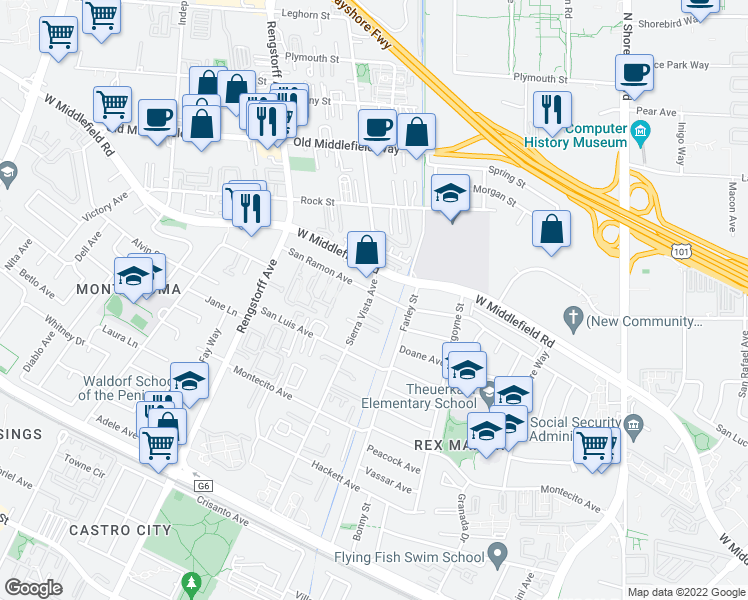 map of restaurants, bars, coffee shops, grocery stores, and more near 465 Sierra Vista Avenue in Mountain View