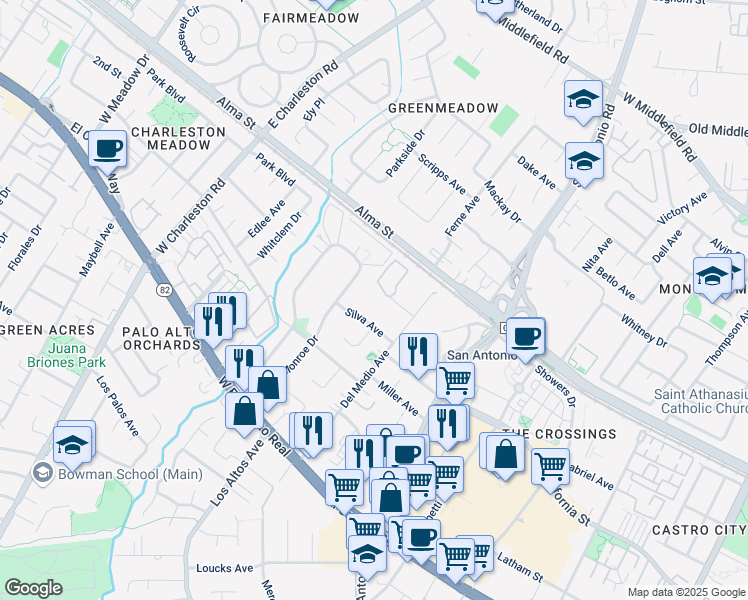 map of restaurants, bars, coffee shops, grocery stores, and more near 4345 Silva Avenue in Palo Alto