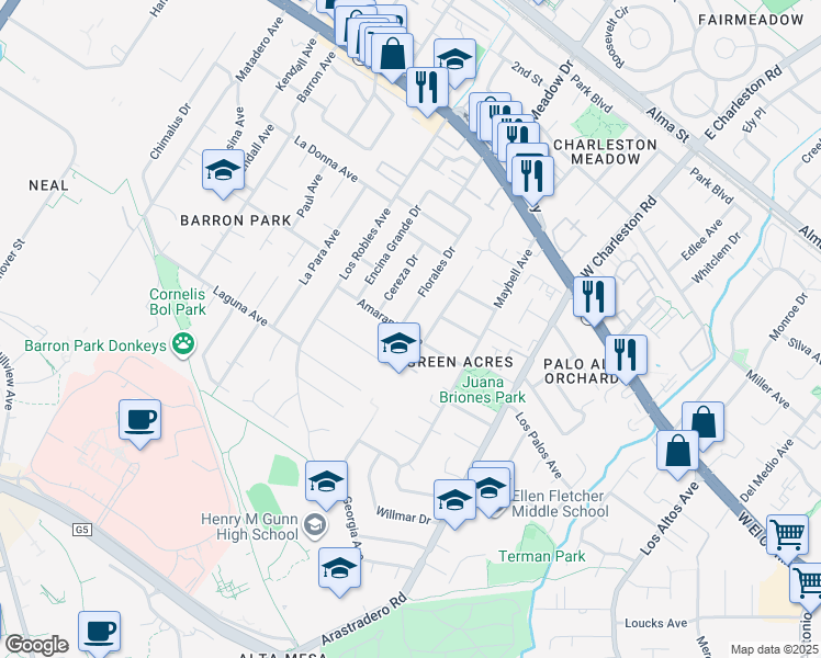map of restaurants, bars, coffee shops, grocery stores, and more near 616 Georgia Avenue in Palo Alto