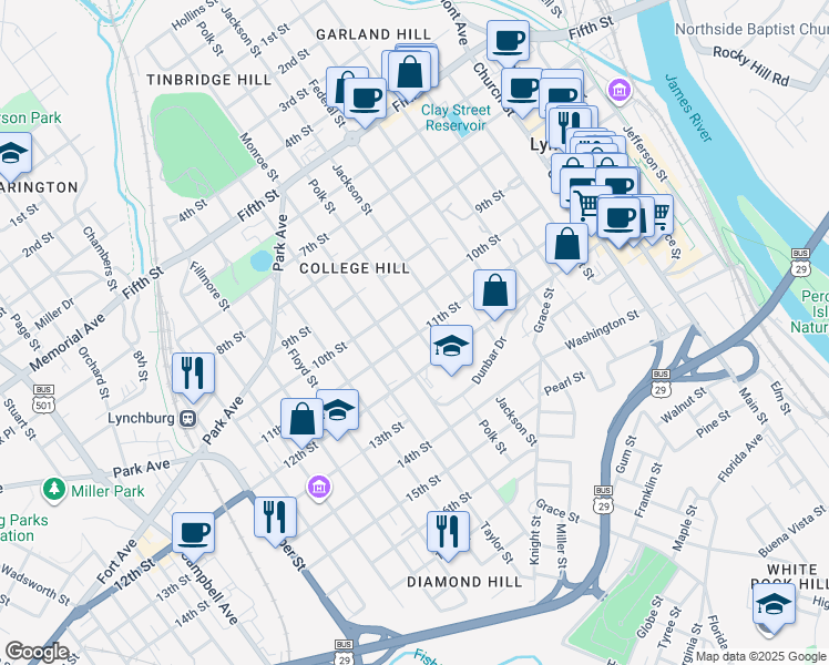 map of restaurants, bars, coffee shops, grocery stores, and more near 1103 Monroe St in Lynchburg