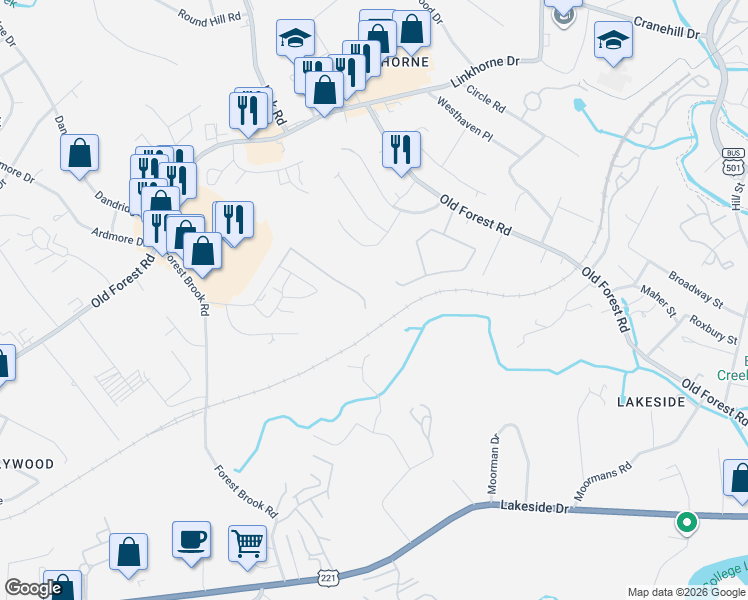 map of restaurants, bars, coffee shops, grocery stores, and more near 3302 Forest Brook Road in Lynchburg