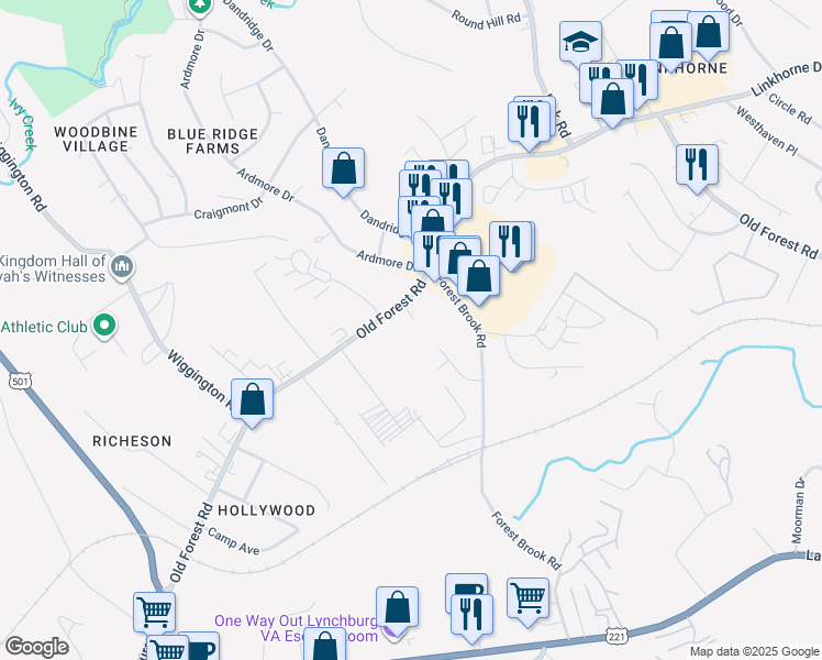map of restaurants, bars, coffee shops, grocery stores, and more near 3315 Old Forest Road in Lynchburg
