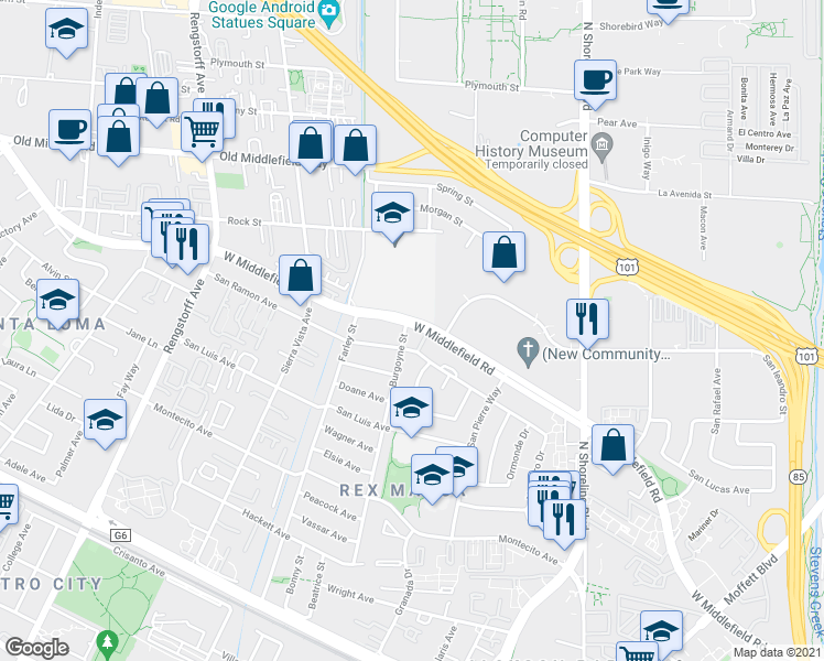 map of restaurants, bars, coffee shops, grocery stores, and more near 1261 Burgoyne Street in Mountain View