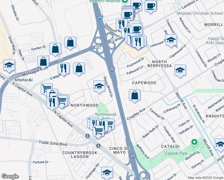 map of restaurants, bars, coffee shops, grocery stores, and more near 2070 Sierra Wood Drive in San Jose