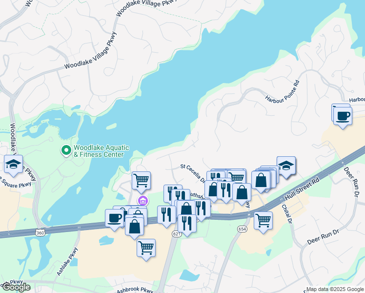 map of restaurants, bars, coffee shops, grocery stores, and more near 14030 Southshore Road in Midlothian