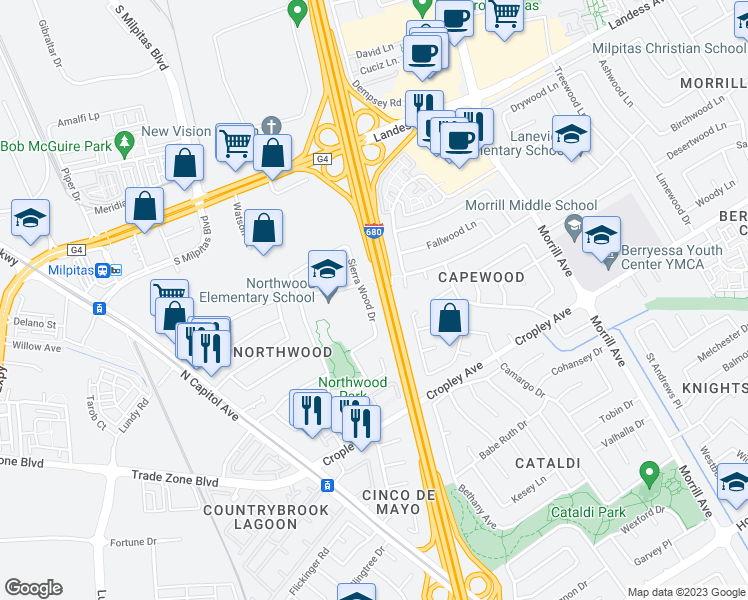 map of restaurants, bars, coffee shops, grocery stores, and more near 2070 Sierra Wood Drive in San Jose
