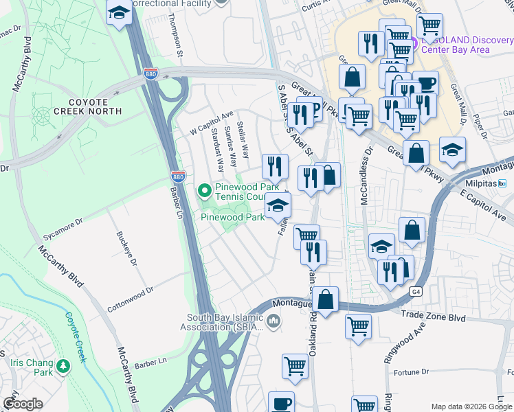 map of restaurants, bars, coffee shops, grocery stores, and more near 220 Lonetree Court in Milpitas