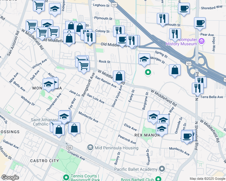 map of restaurants, bars, coffee shops, grocery stores, and more near 468 Sierra Vista Avenue in Mountain View