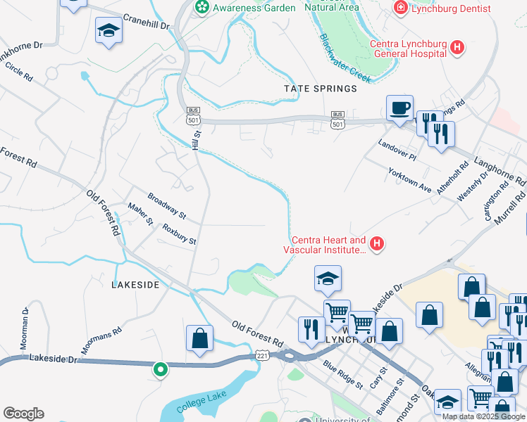 map of restaurants, bars, coffee shops, grocery stores, and more near 1810 Broadway Street in Lynchburg