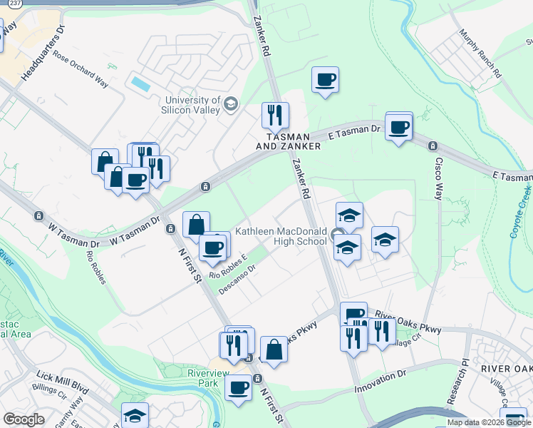map of restaurants, bars, coffee shops, grocery stores, and more near 135 Rio Robles East in San Jose