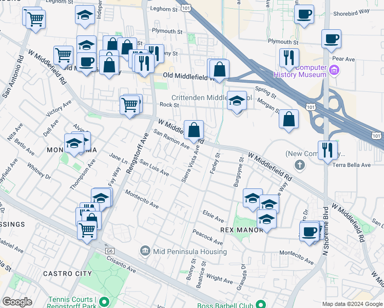 map of restaurants, bars, coffee shops, grocery stores, and more near 465 Sierra Vista Avenue in Mountain View