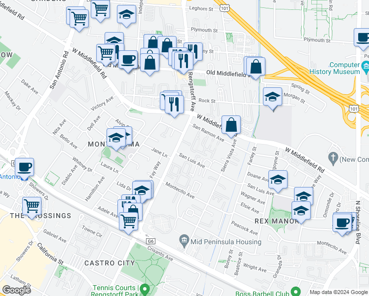 map of restaurants, bars, coffee shops, grocery stores, and more near 2034 San Luis Avenue in Mountain View