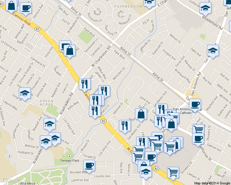 map of restaurants, bars, coffee shops, grocery stores, and more near 2650 El Camino Real in Palo Alto