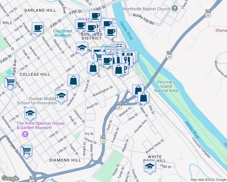 map of restaurants, bars, coffee shops, grocery stores, and more near 416 Pearl Street in Lynchburg
