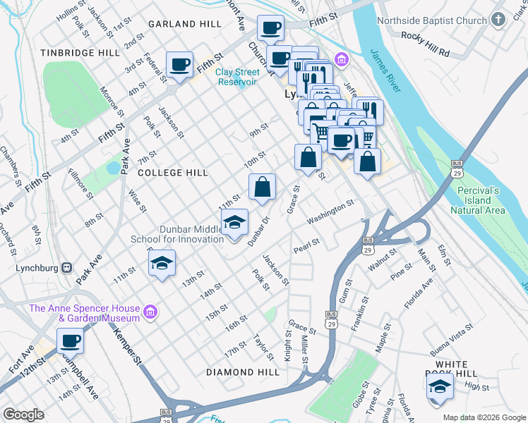 map of restaurants, bars, coffee shops, grocery stores, and more near 712 13th Street in Lynchburg