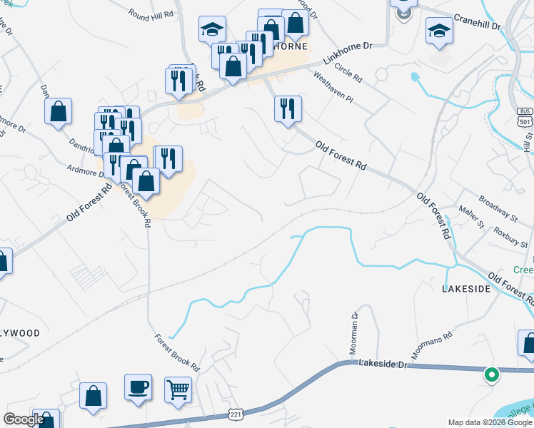 map of restaurants, bars, coffee shops, grocery stores, and more near 3302 Forest Brook Road in Lynchburg