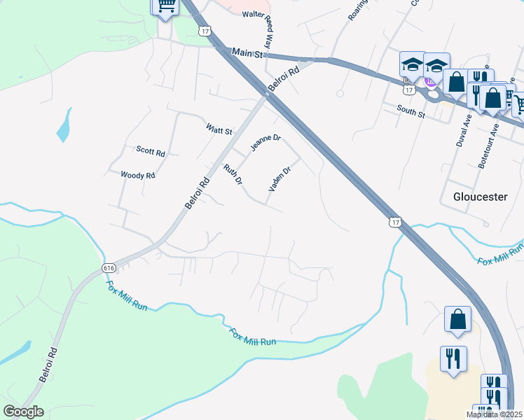 map of restaurants, bars, coffee shops, grocery stores, and more near 6252 Ruth Drive in Gloucester Courthouse