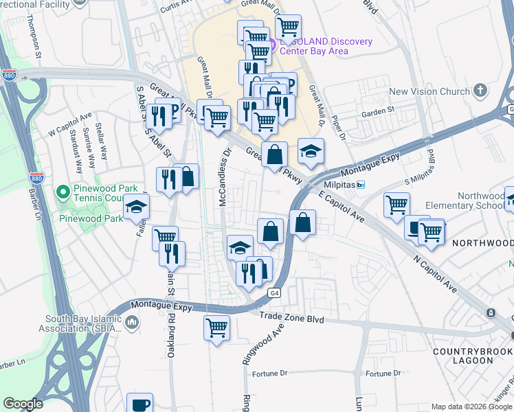 map of restaurants, bars, coffee shops, grocery stores, and more near 1511 Coffee Berry Lane in Milpitas