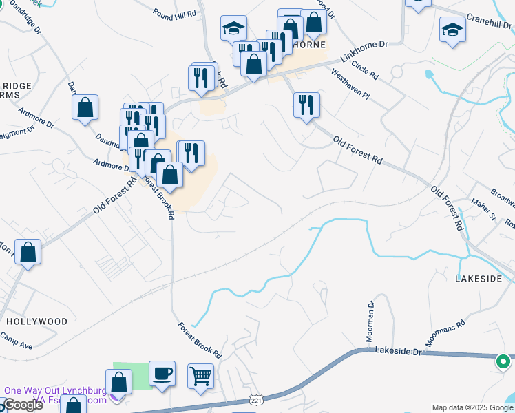 map of restaurants, bars, coffee shops, grocery stores, and more near 302 Belle Terre Drive in Lynchburg