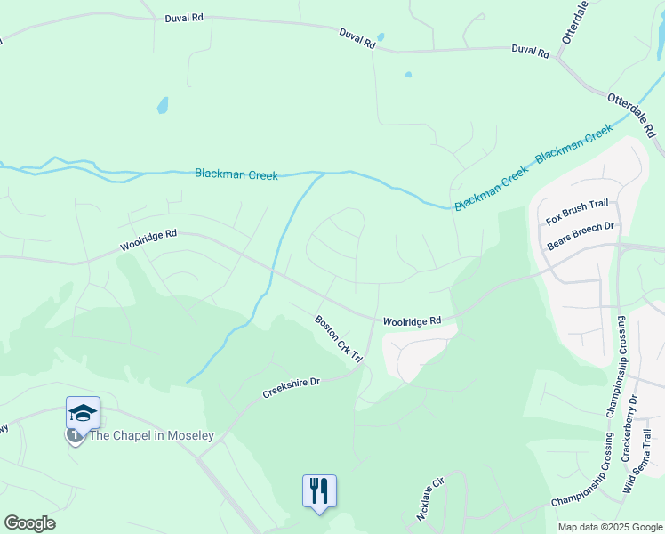 map of restaurants, bars, coffee shops, grocery stores, and more near 18006 Twin Falls Lane in Moseley