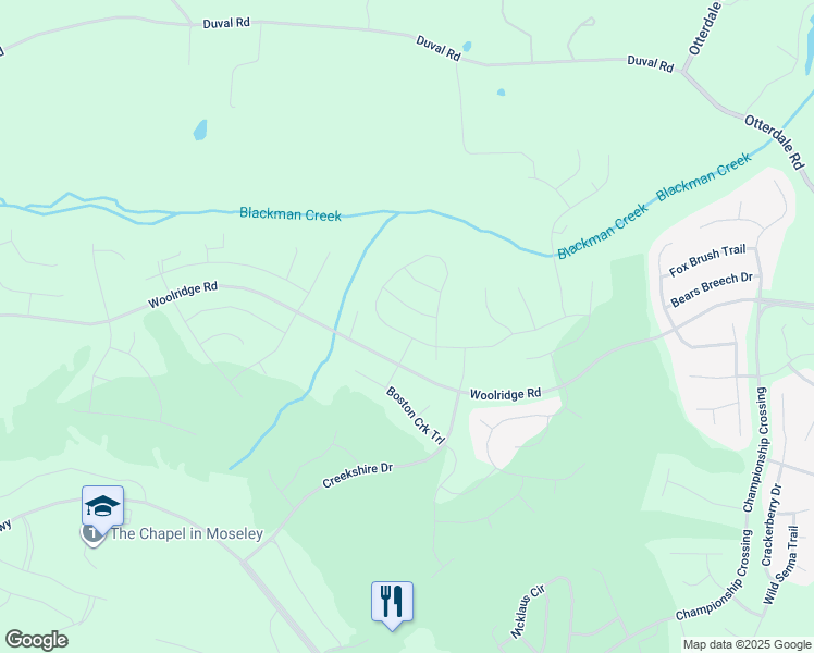 map of restaurants, bars, coffee shops, grocery stores, and more near 18006 Twin Falls Lane in Moseley
