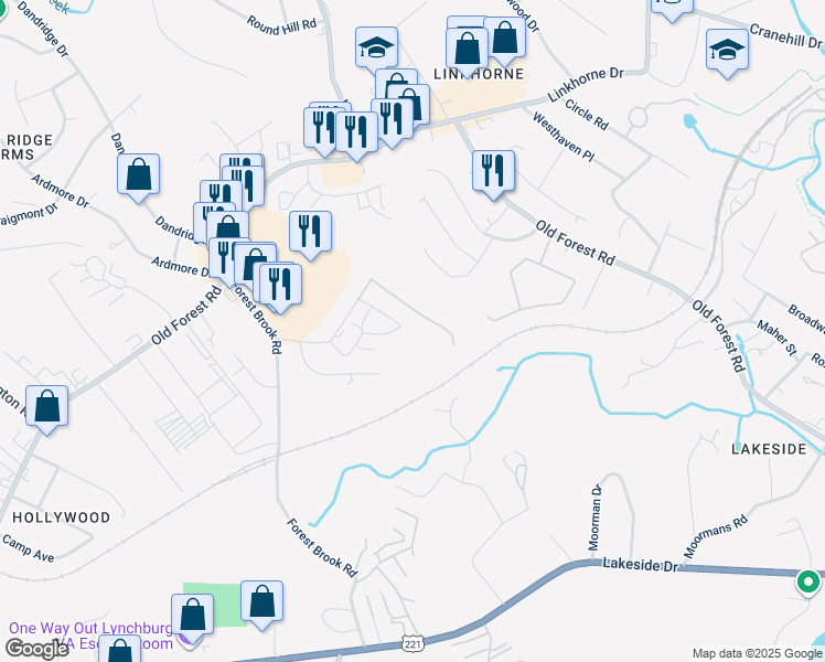 map of restaurants, bars, coffee shops, grocery stores, and more near 300 Belle Terre Drive in Lynchburg