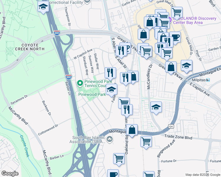 map of restaurants, bars, coffee shops, grocery stores, and more near 135 Lonetree Court in Milpitas