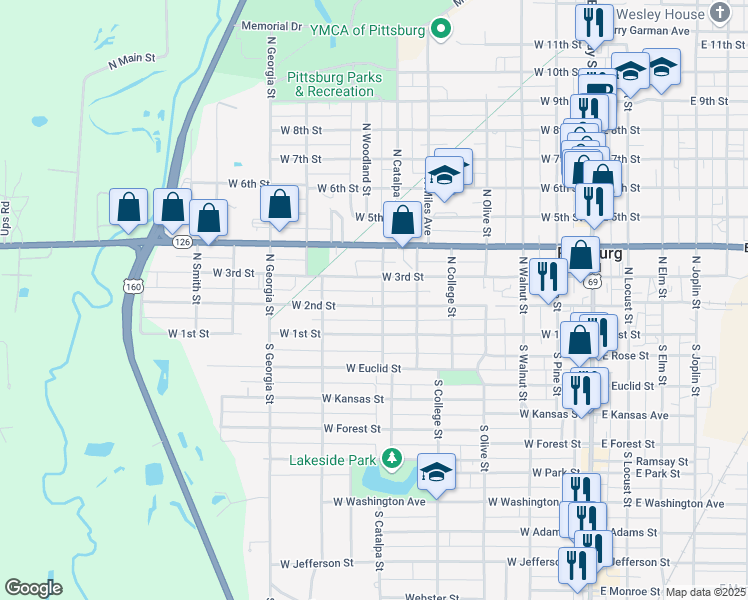 map of restaurants, bars, coffee shops, grocery stores, and more near 707 West 3rd Street in Pittsburg
