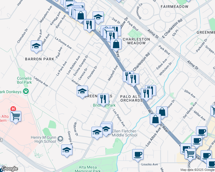 map of restaurants, bars, coffee shops, grocery stores, and more near 574 Arastradero Road in Palo Alto