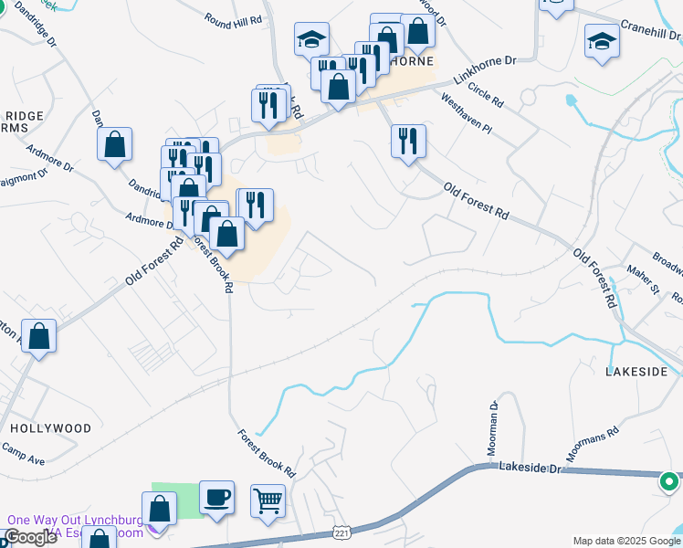 map of restaurants, bars, coffee shops, grocery stores, and more near 300 Belle Terre Drive in Lynchburg