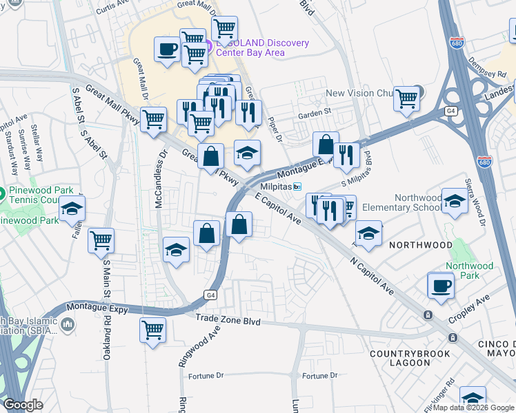 map of restaurants, bars, coffee shops, grocery stores, and more near 650 East Capitol Avenue in Milpitas