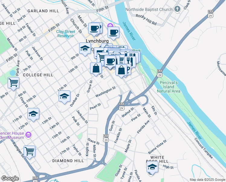 map of restaurants, bars, coffee shops, grocery stores, and more near 316 Washington Street in Lynchburg