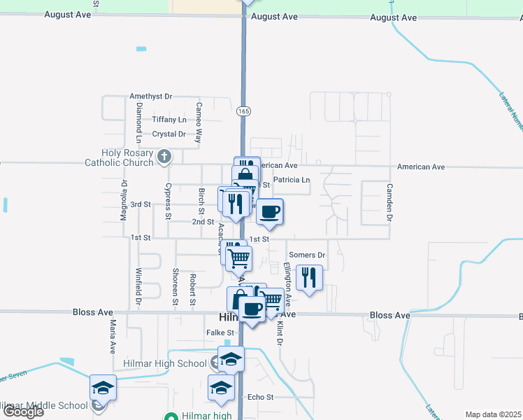 map of restaurants, bars, coffee shops, grocery stores, and more near 19936 3rd Street in Hilmar