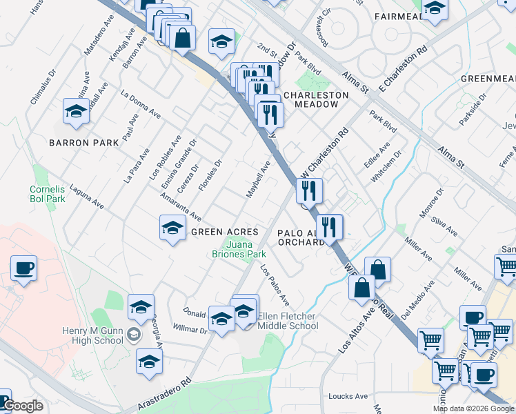 map of restaurants, bars, coffee shops, grocery stores, and more near 544 Irven Court in Palo Alto
