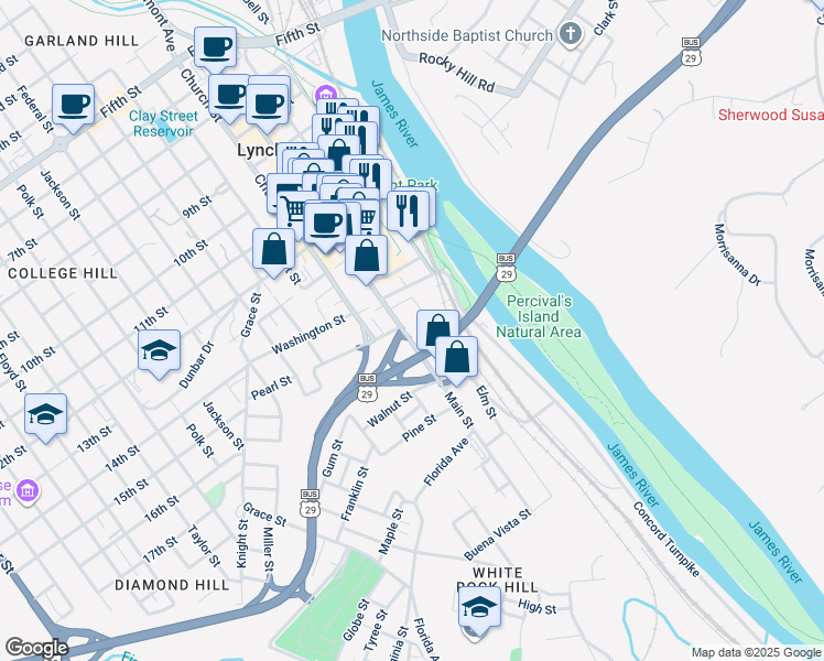 map of restaurants, bars, coffee shops, grocery stores, and more near 159 Elm Street in Lynchburg