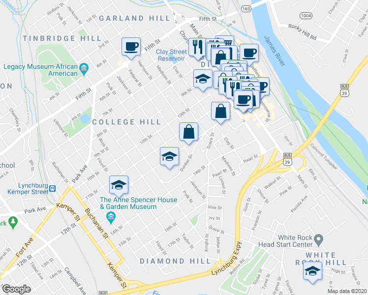 map of restaurants, bars, coffee shops, grocery stores, and more near 1201 Federal Street in Lynchburg