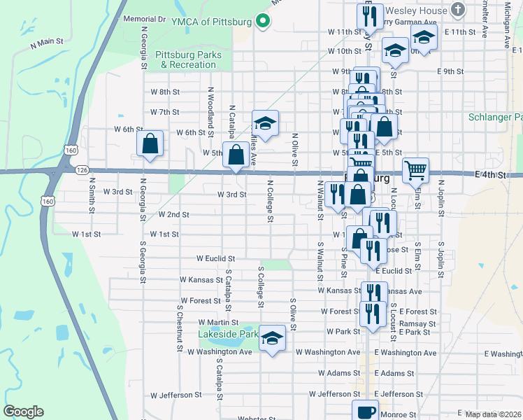 map of restaurants, bars, coffee shops, grocery stores, and more near 503 West 3rd Street in Pittsburg