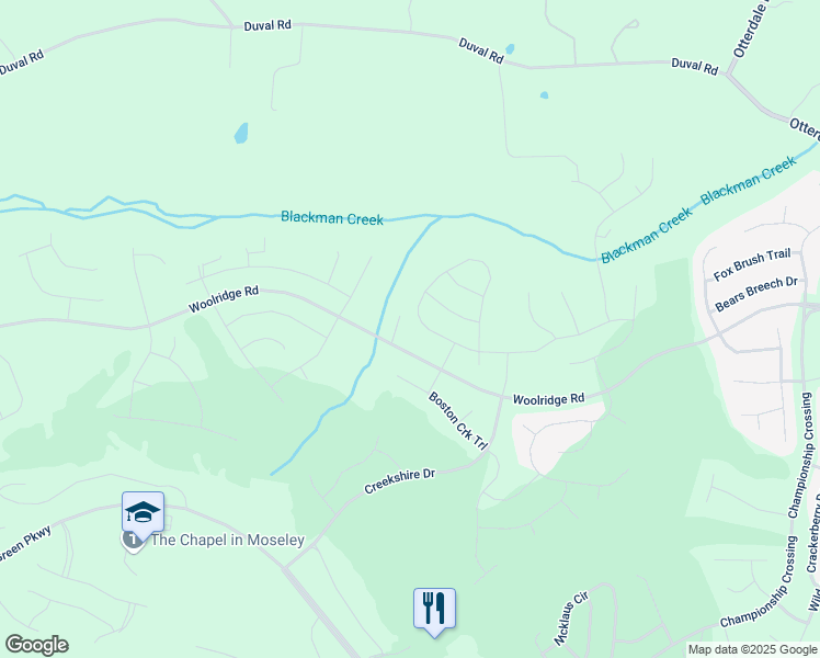 map of restaurants, bars, coffee shops, grocery stores, and more near 18043 Twin Falls Lane in Moseley