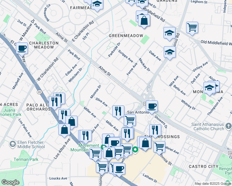 map of restaurants, bars, coffee shops, grocery stores, and more near 2700 Del Medio Court in Mountain View