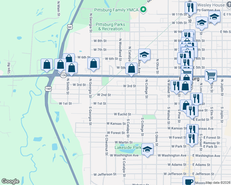map of restaurants, bars, coffee shops, grocery stores, and more near 707 West 3rd Street in Pittsburg