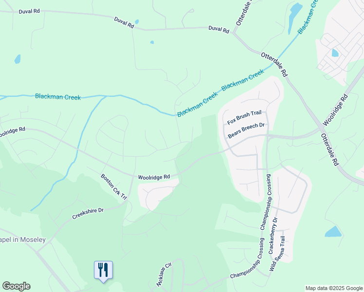 map of restaurants, bars, coffee shops, grocery stores, and more near 17413 Twin Falls Lane in Moseley