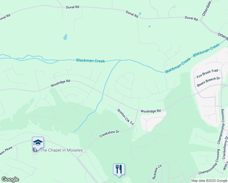 map of restaurants, bars, coffee shops, grocery stores, and more near 18043 Twin Falls Lane in Moseley