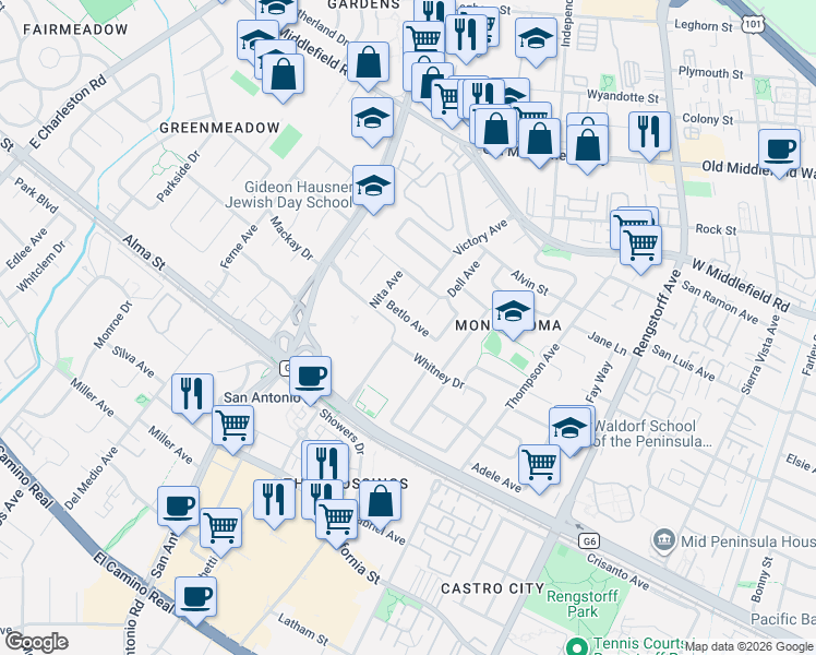map of restaurants, bars, coffee shops, grocery stores, and more near 2491 Betlo Avenue in Mountain View