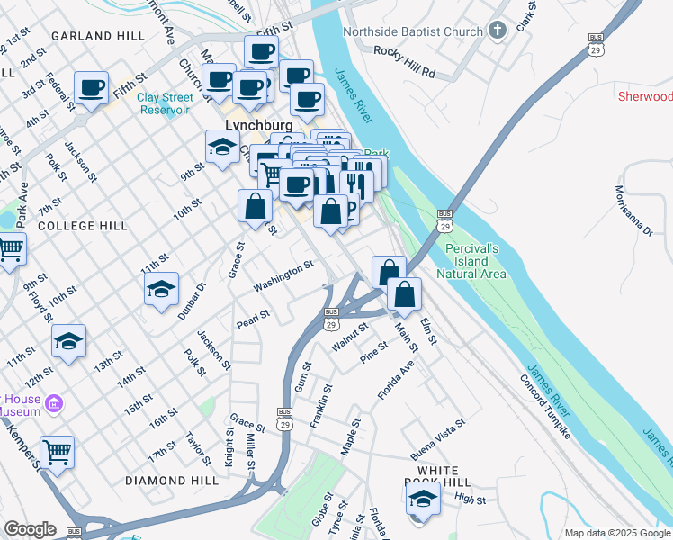 map of restaurants, bars, coffee shops, grocery stores, and more near 1401 Main Street in Lynchburg