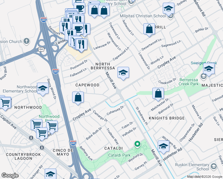 map of restaurants, bars, coffee shops, grocery stores, and more near 3056 Vía Del Coronado in San Jose