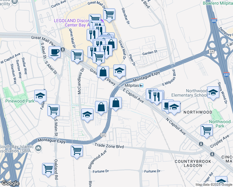 map of restaurants, bars, coffee shops, grocery stores, and more near 650 East Capitol Avenue in Milpitas