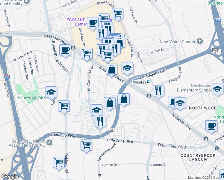 map of restaurants, bars, coffee shops, grocery stores, and more near 1646 Centre Pointe Drive in Milpitas