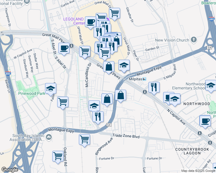 map of restaurants, bars, coffee shops, grocery stores, and more near 1646 Centre Pointe Drive in Milpitas