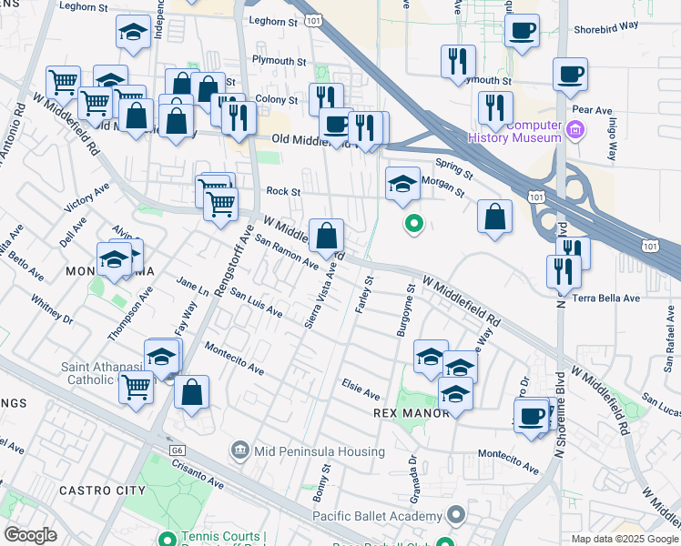 map of restaurants, bars, coffee shops, grocery stores, and more near 1901 Newman Place in Mountain View